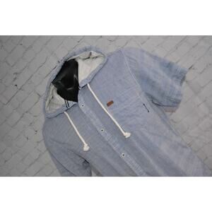Buffalo David Bitton Button Up Hoodie Shirt Blue Solid Cotton Mens Size Large